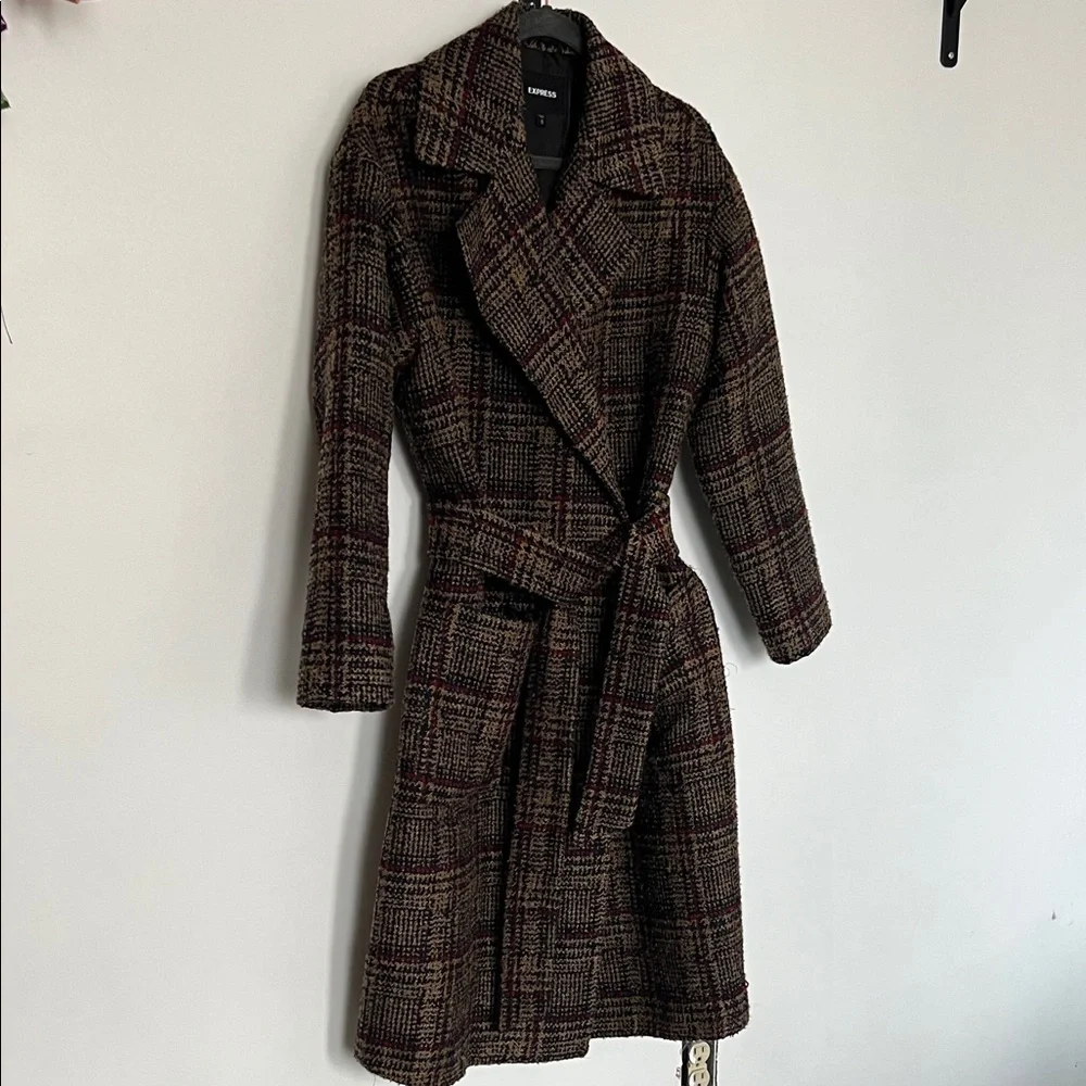 Express Tan Red Navy Tweed Plaid Coat - Picture 2 of 12